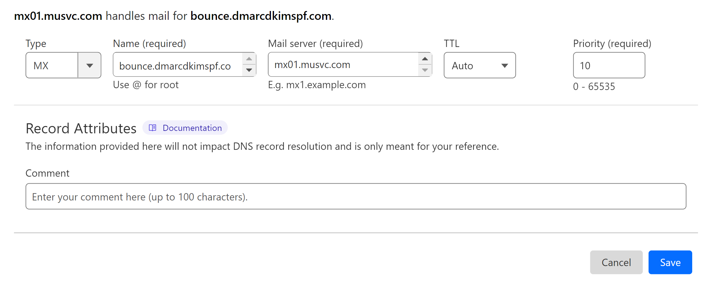 Add the MX record to the DNS dashboard