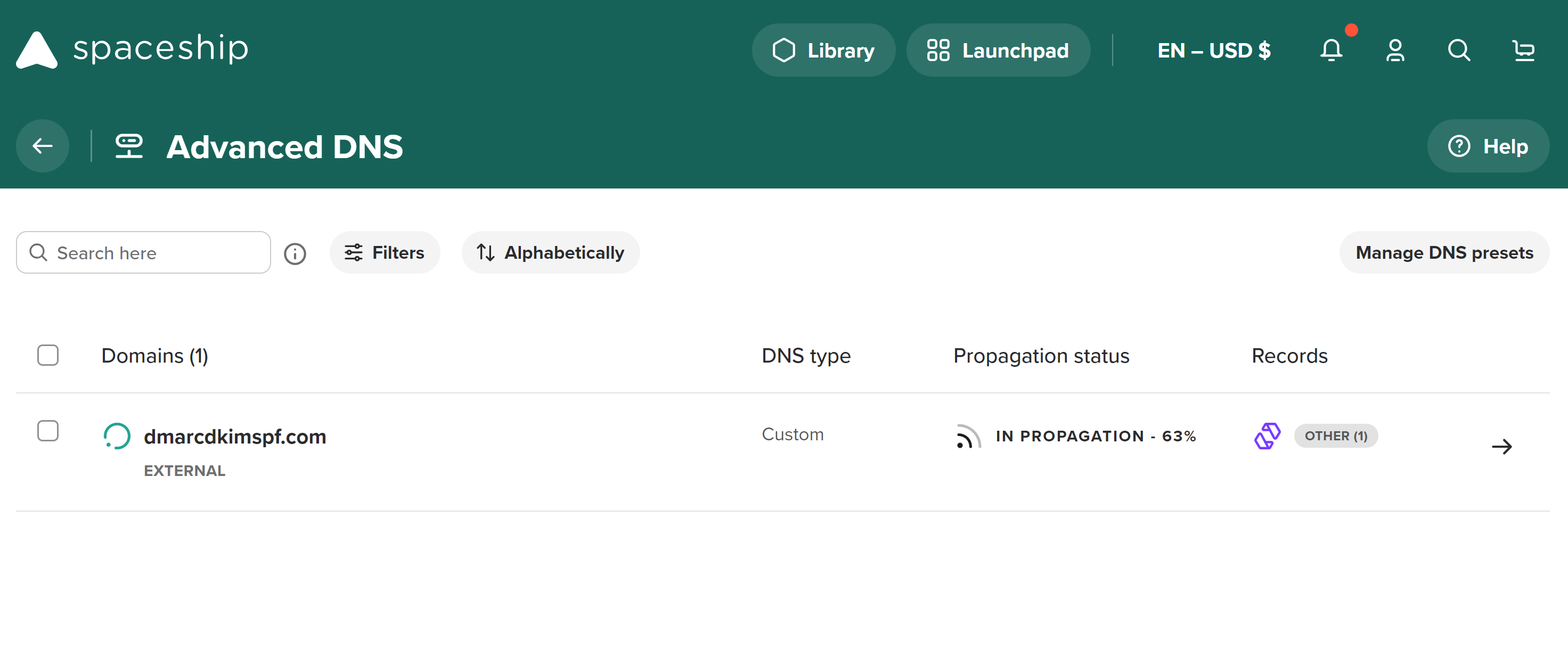 Check DNS propagation in Advanced DNS tab