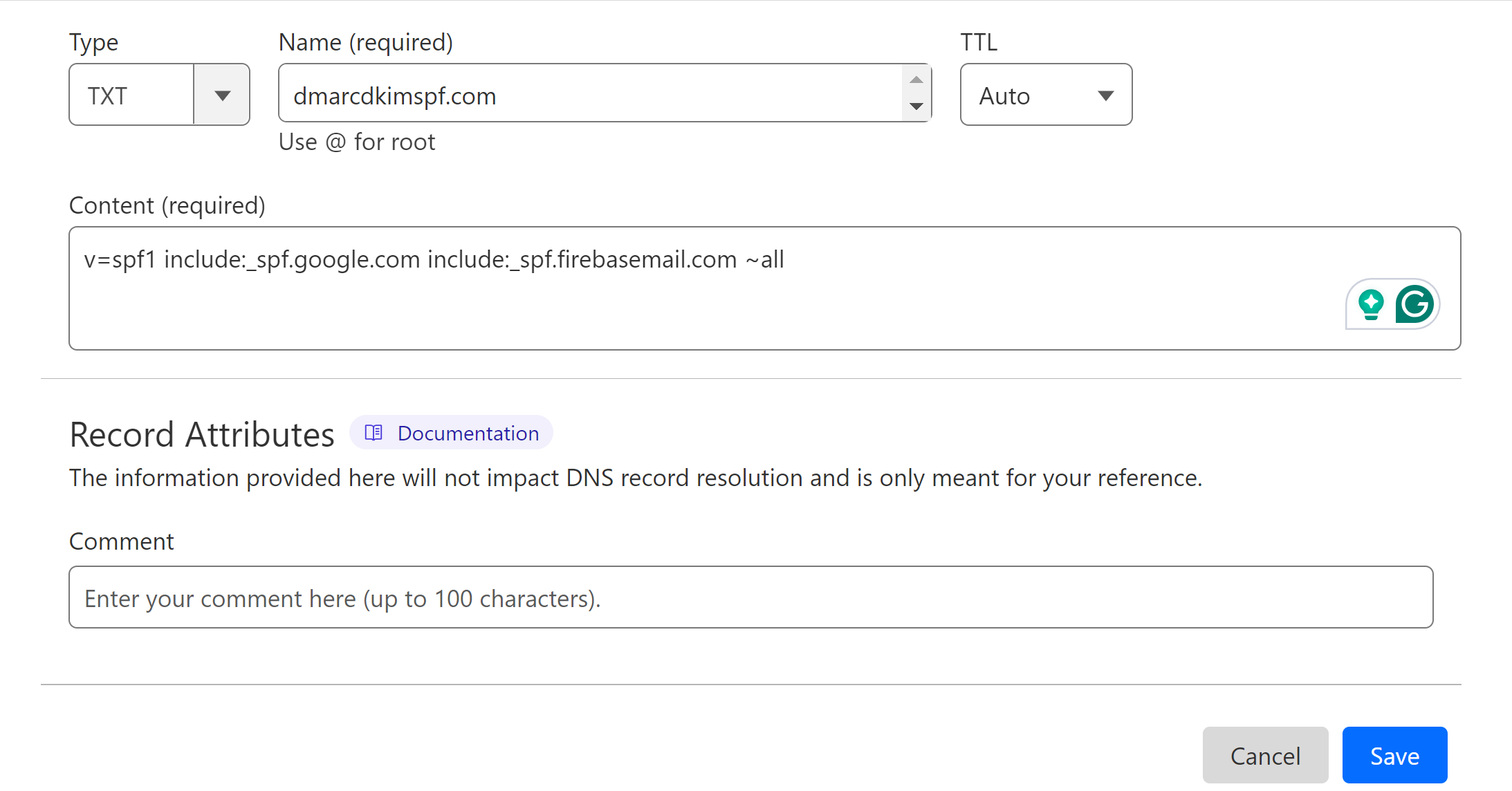 Add the record name and merged value in DNS provider