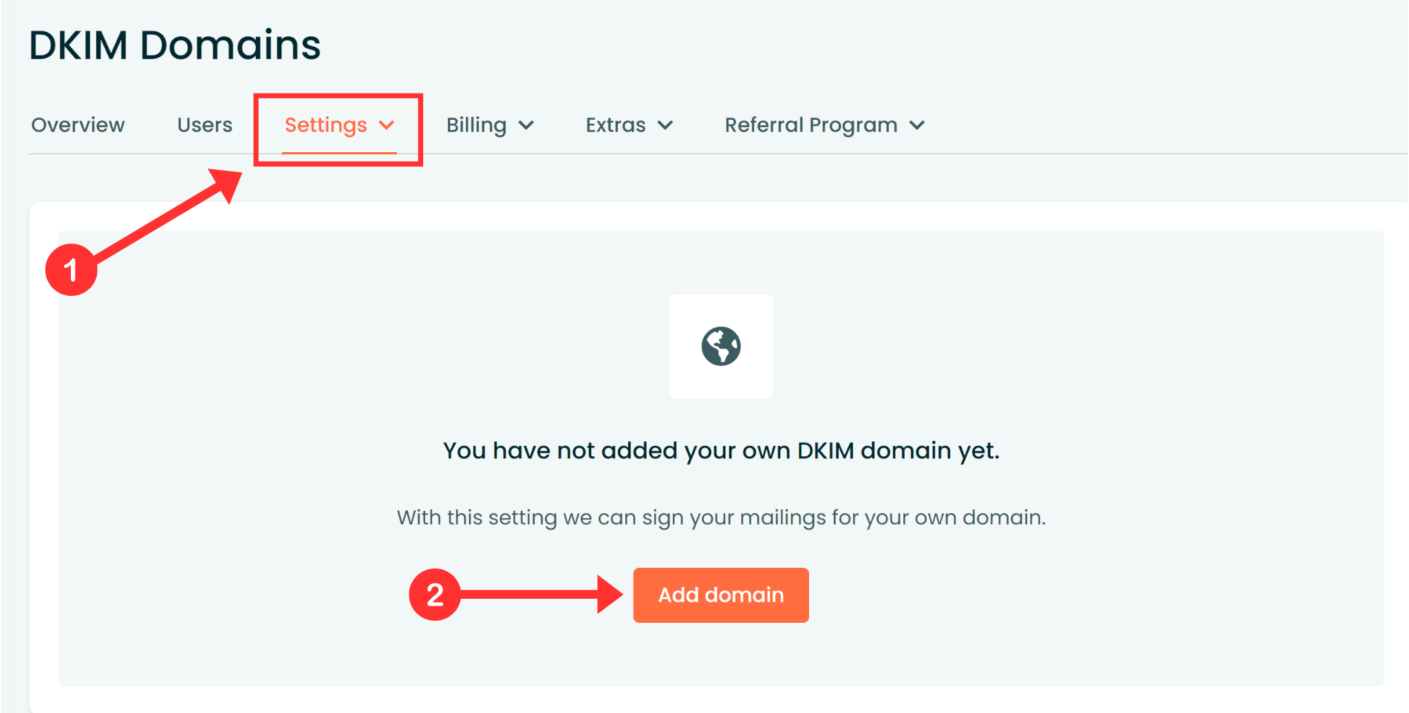 In Settings tab, click Add Domain 