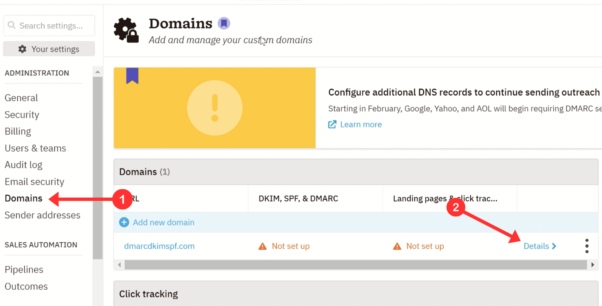 Click Details in the Domains tab