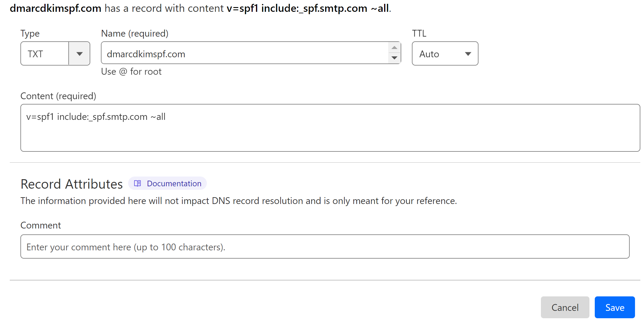 Add the SPF value to the DNS provider 