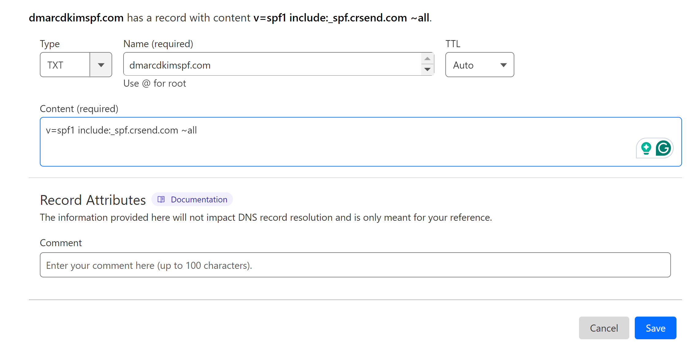 Add SPF record to the DNS dashboard