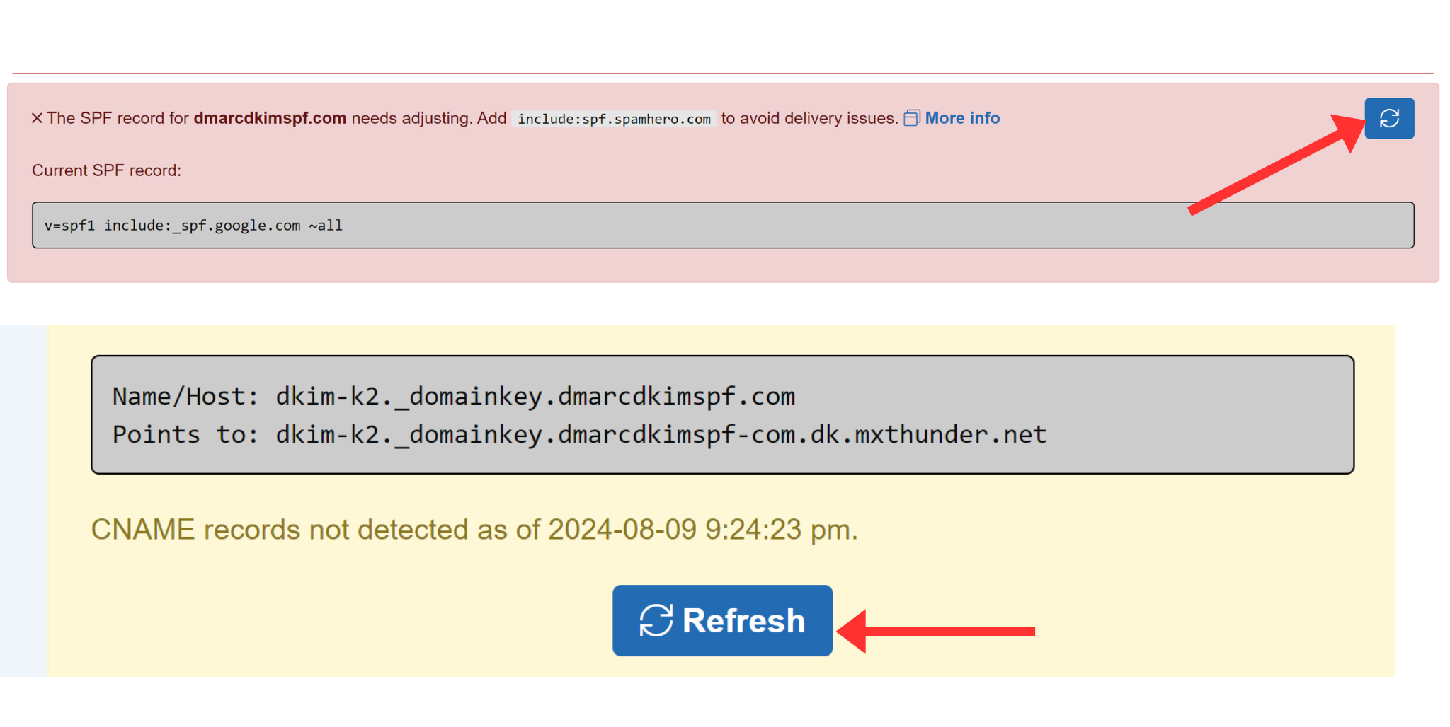 Click the refresh icon to verify DNS records 