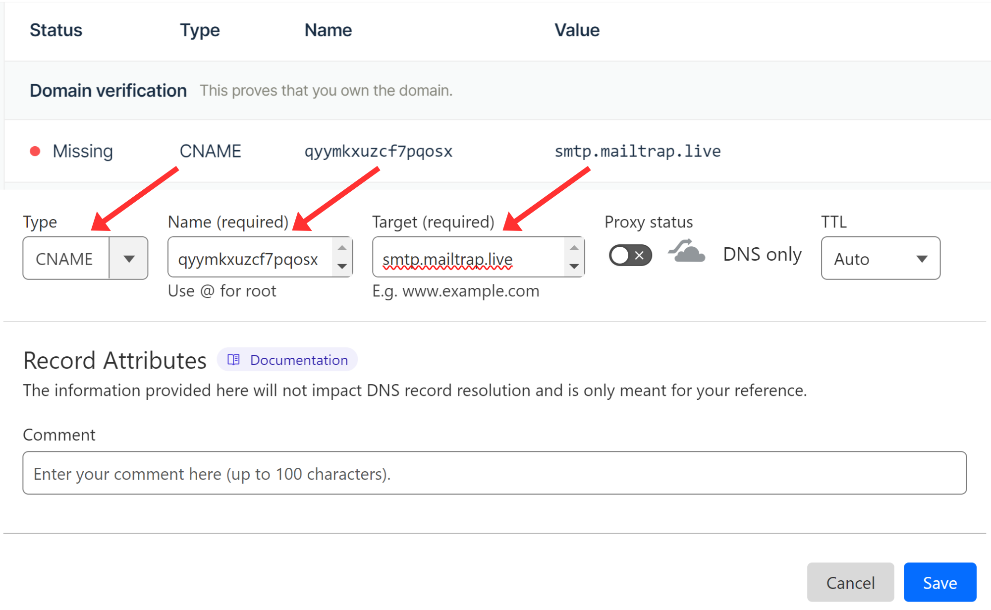 Select type CNAME and add the record name and value