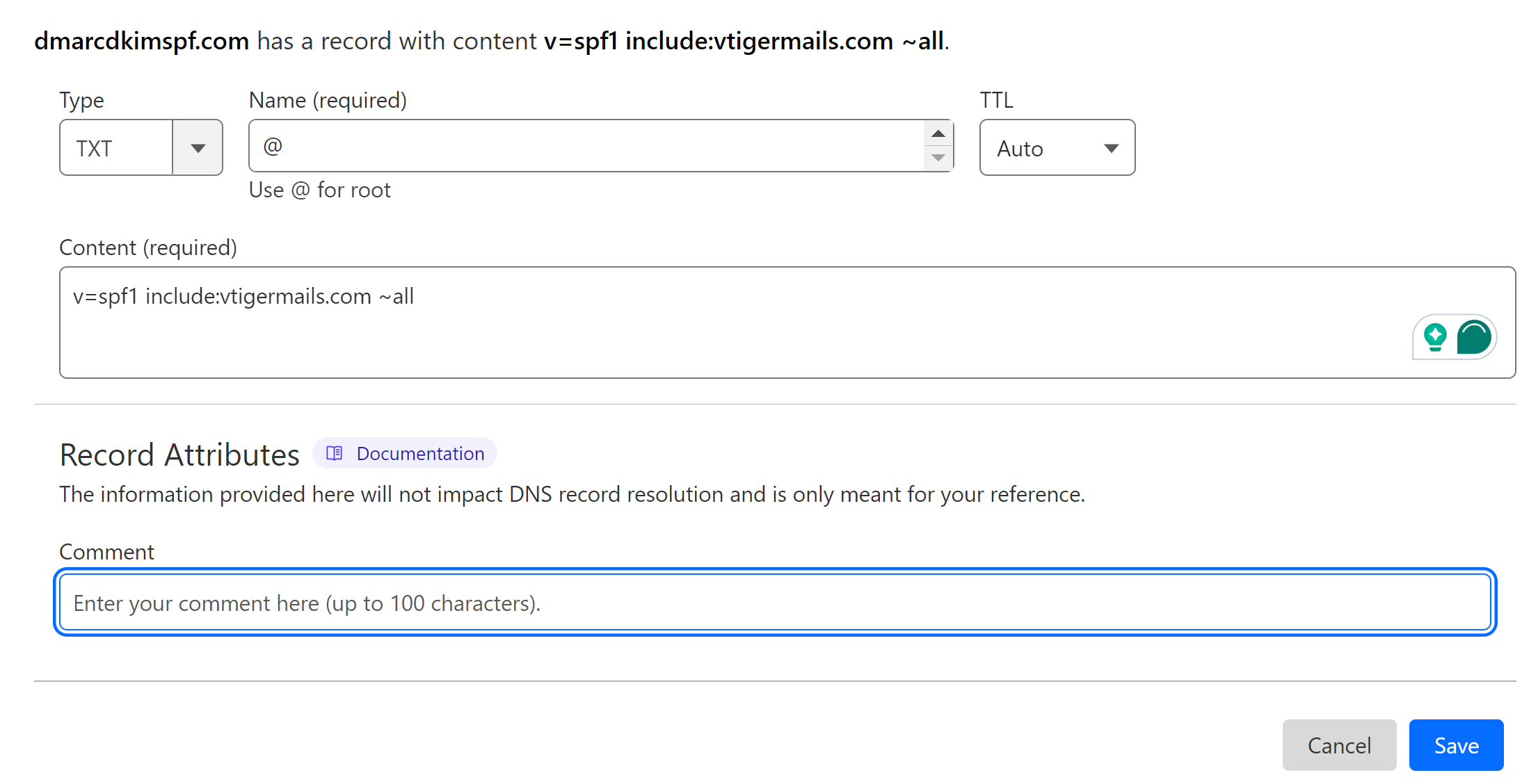 Add the SPF record name and value to the DNS provider