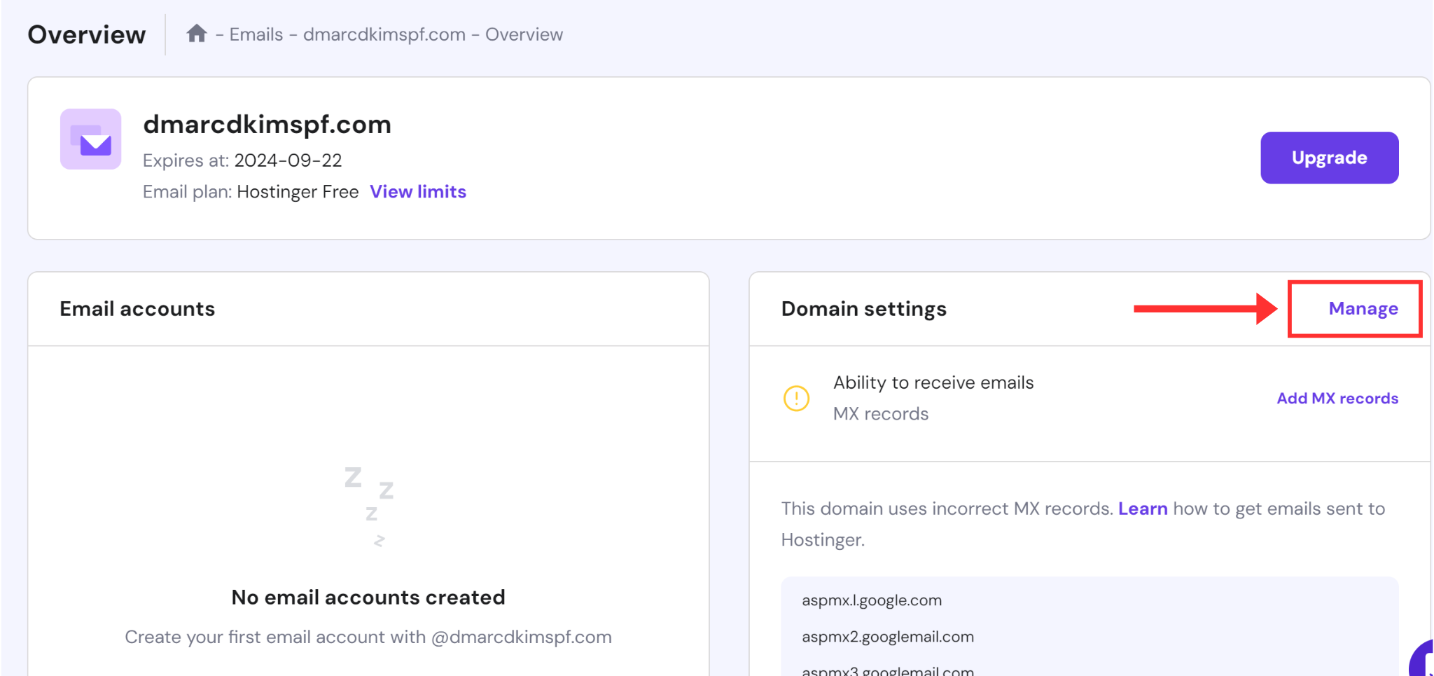 Click Manage in the Domain Settings section