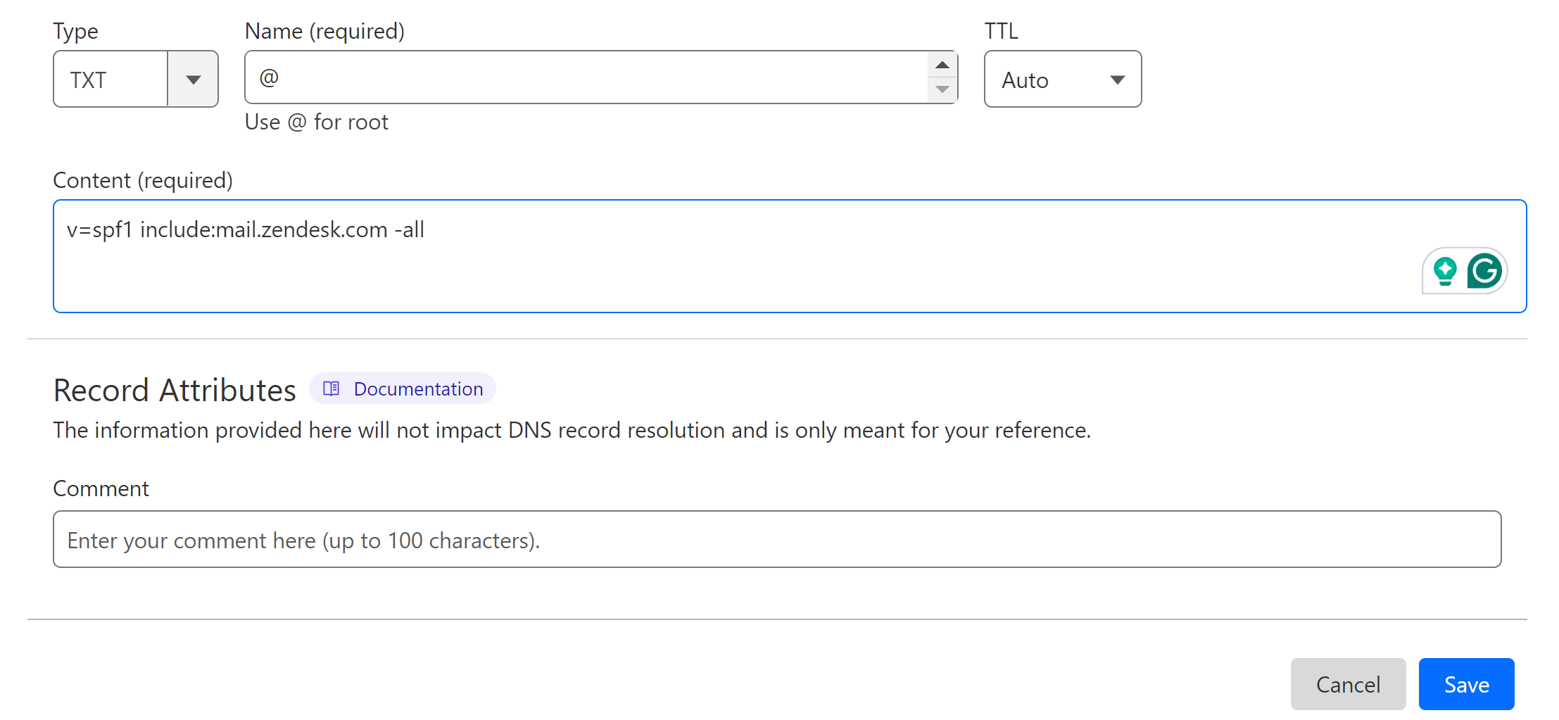 Add the Zendesk SPF value to the DNS dashboard