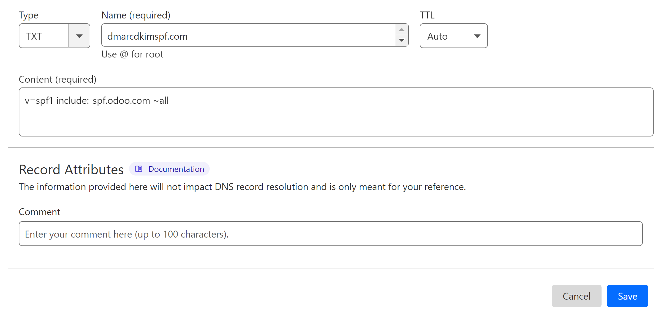 Add the SPF value to the DNS dashboard