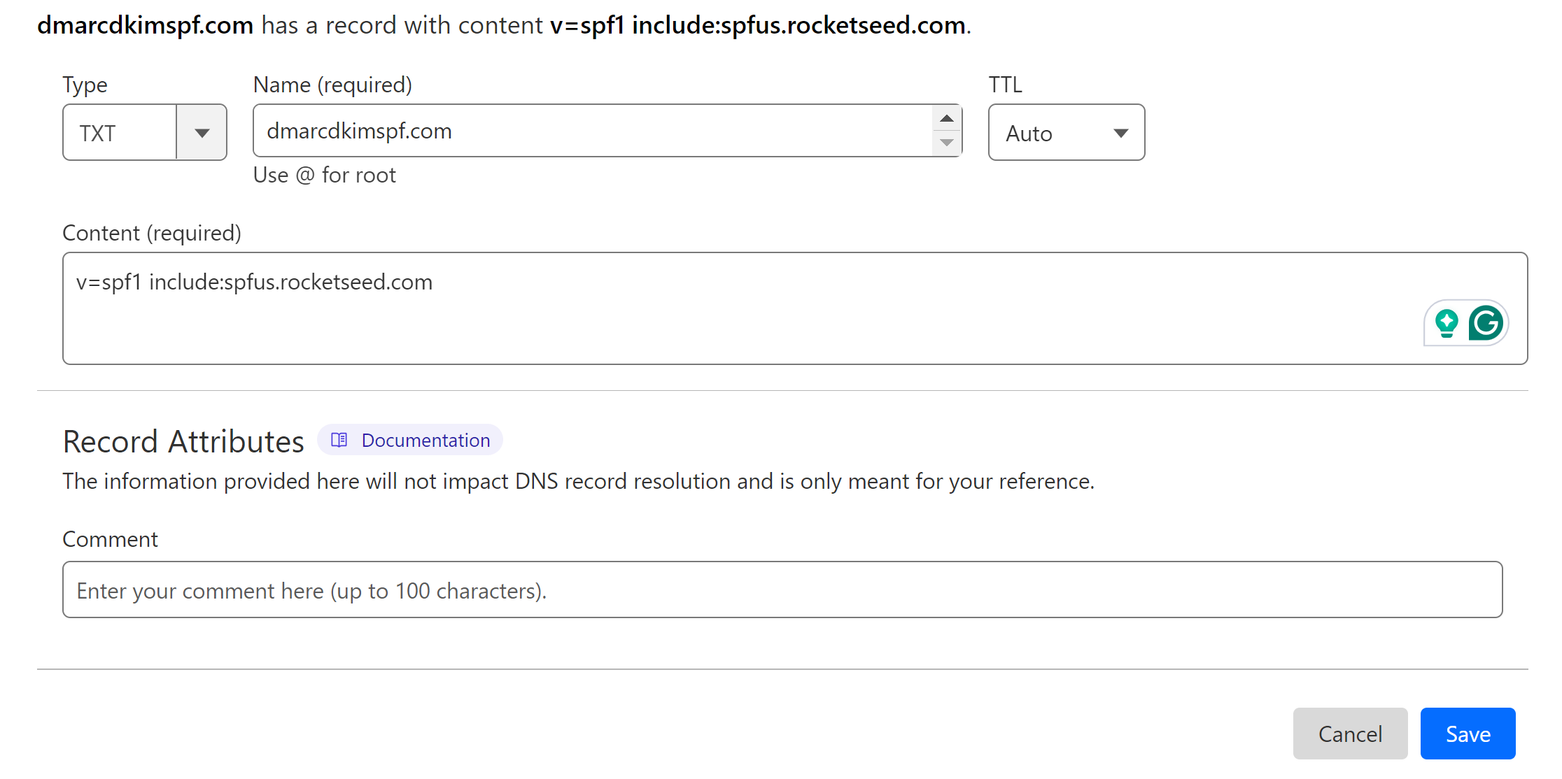 Add the Rocketseed SPF record to the DNS dashboard 