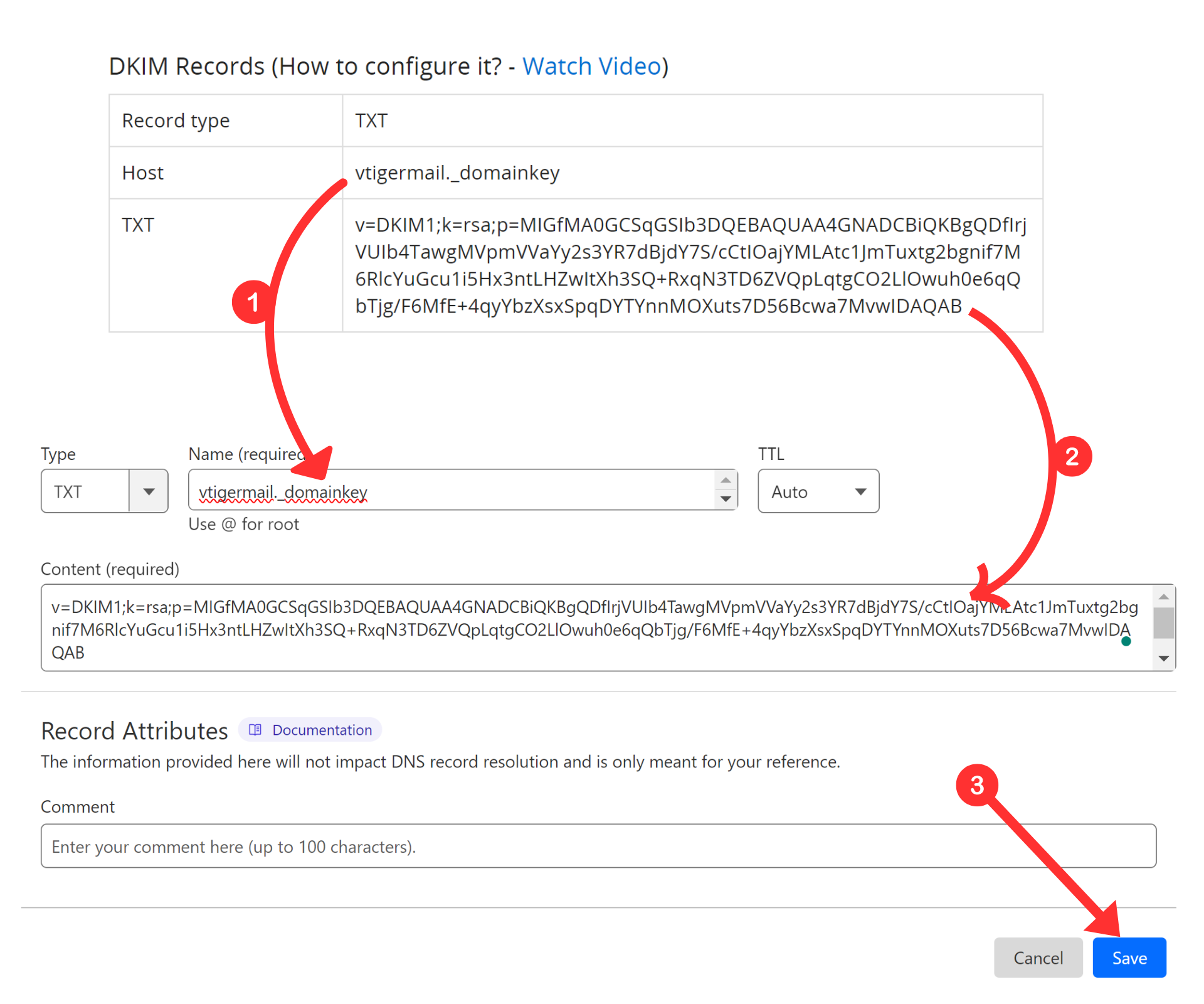 Add the record name and value to the DNS provider 