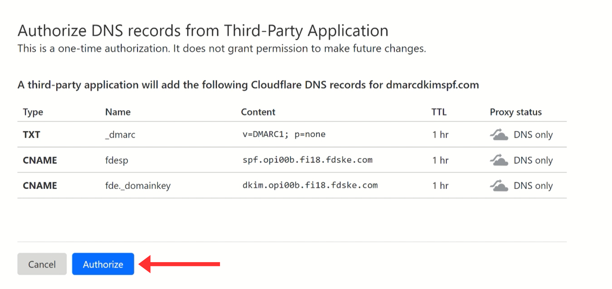 Click Authorize to add DNS records to the dashboard 