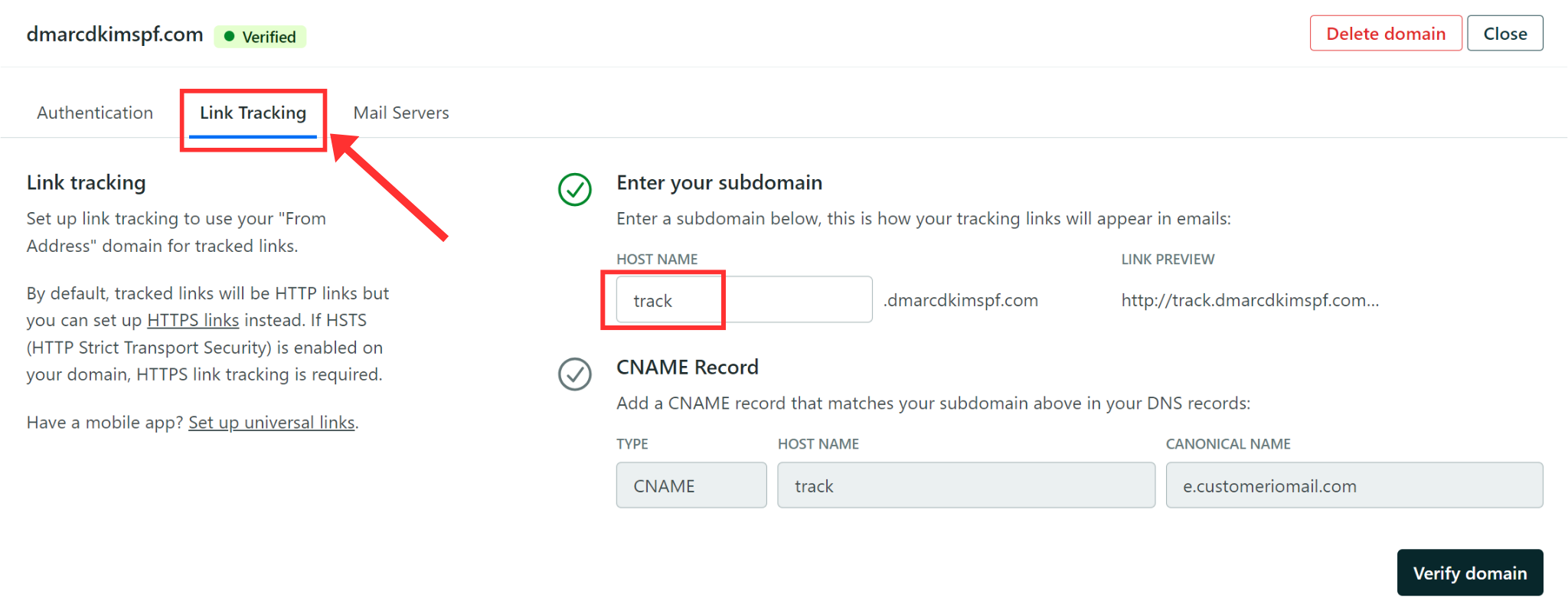 Go to Link Tracking tab and add a subdomain