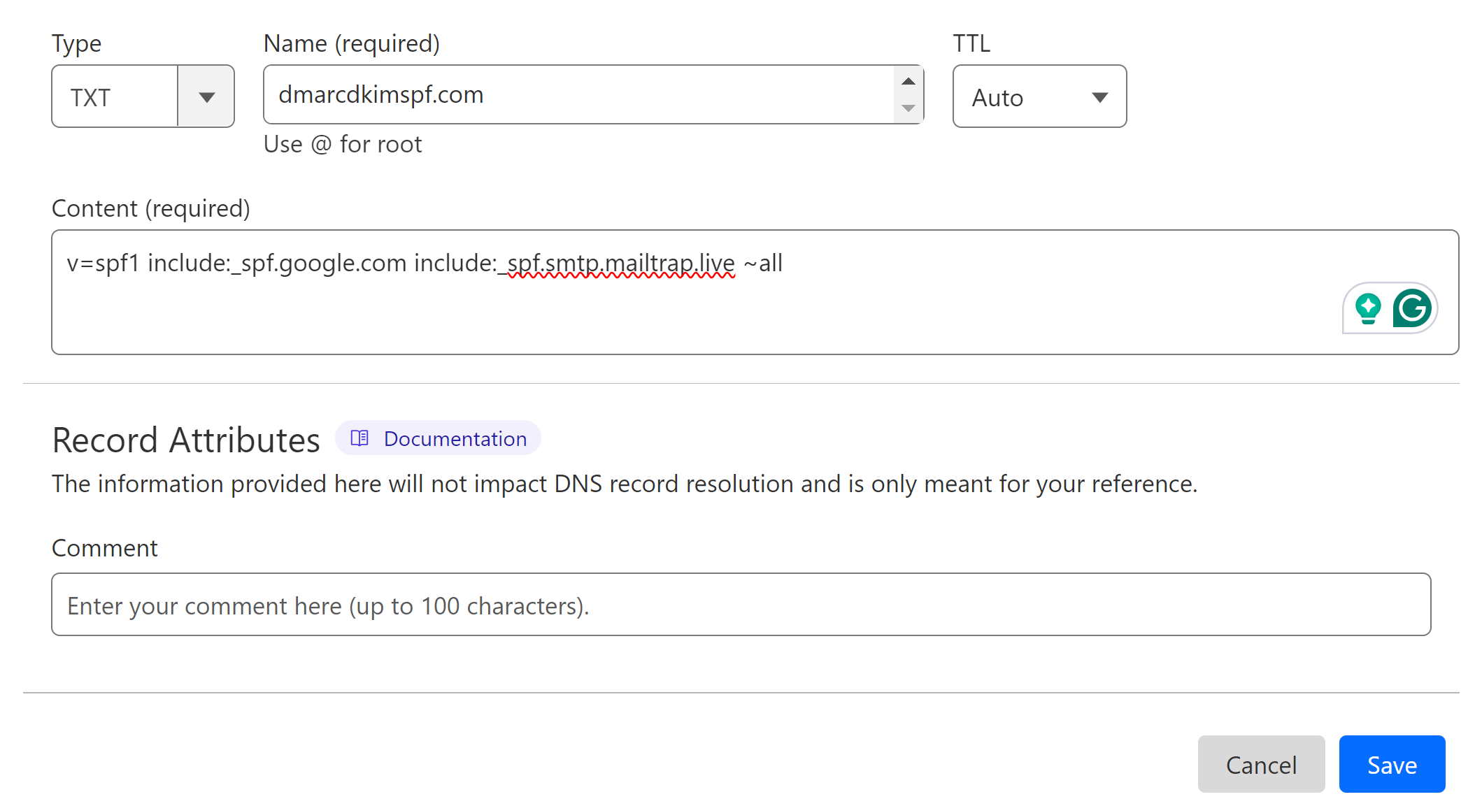 Add the merged SPF record to DNS dashboard 