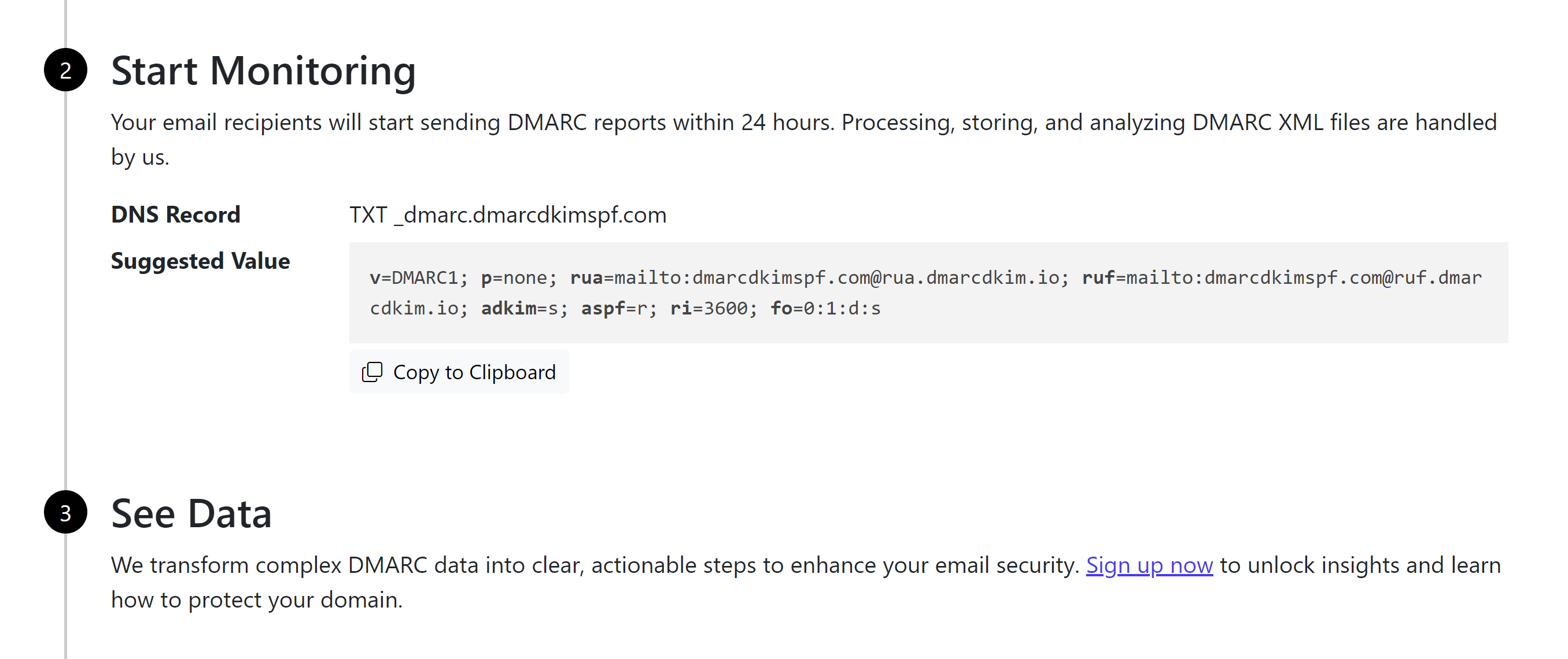 Add the record name and Suggested value to the DNS dashboard