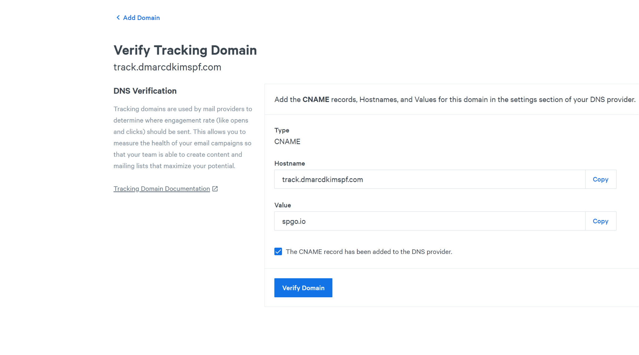 Add the tracking record to the DNS provider