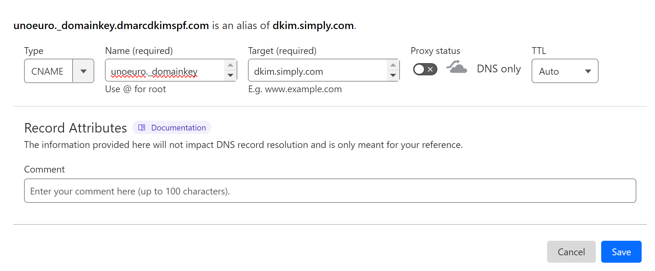 Add the DKIM record name and value to the DNS dashboard