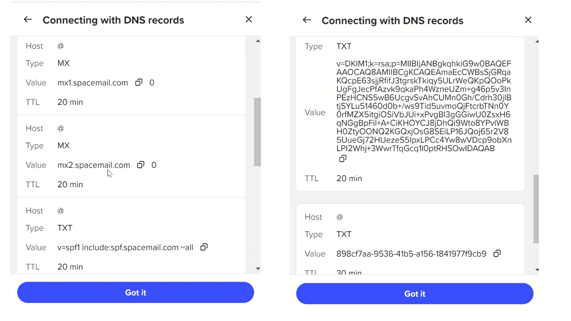 Spacemail DNS records