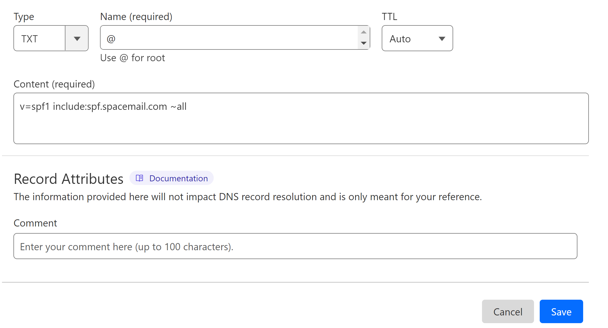 Setup the Spacemail SPF record in Cloudflare