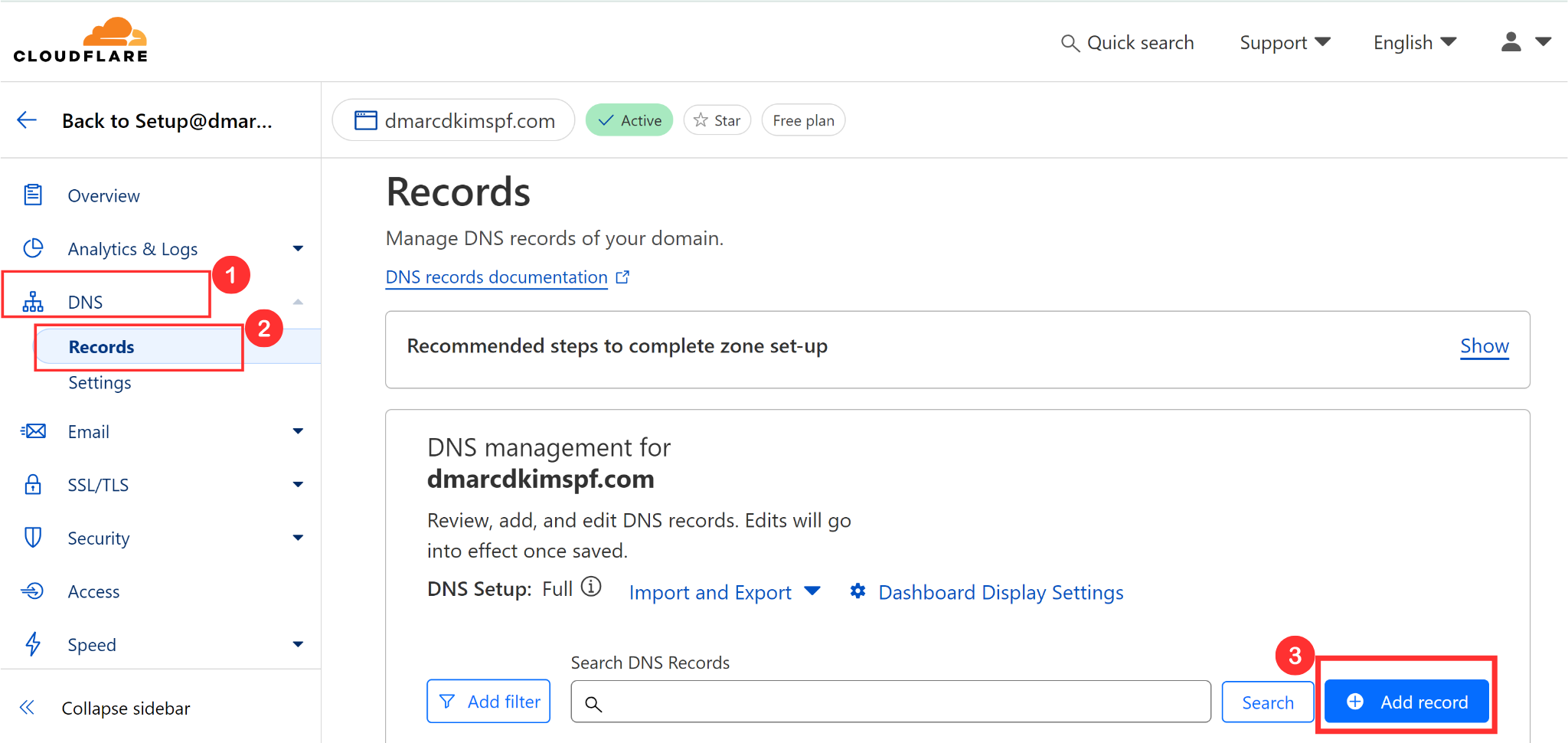 Click DNS, go to Records and hit the Add Record button