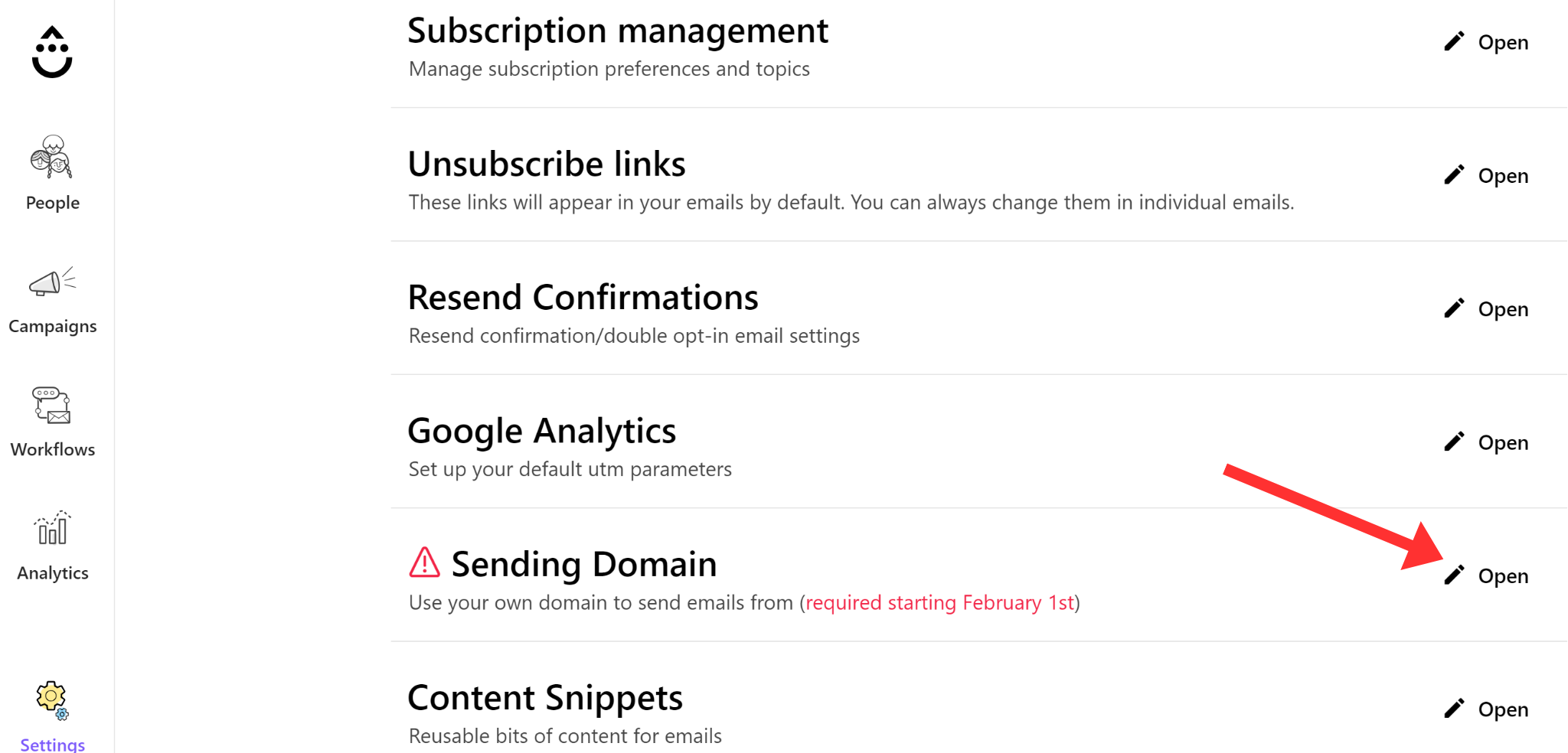 Click Open next to the Sending Domains