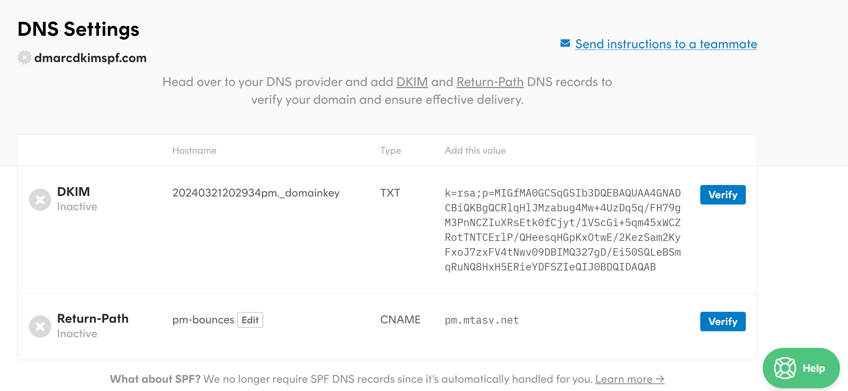 DKIM and Return path records in Postmark