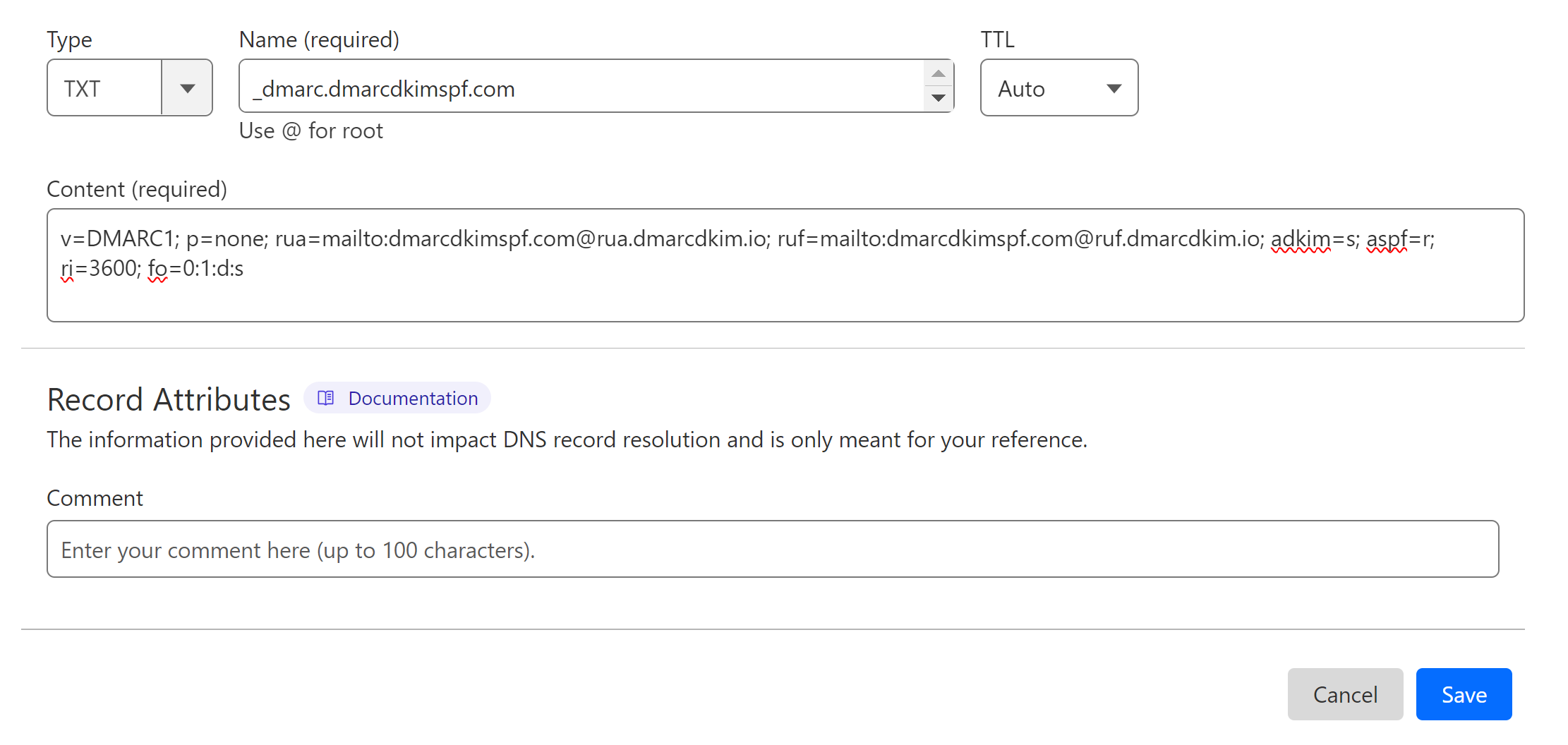 Add the record name and suggested value to the DNS provider 