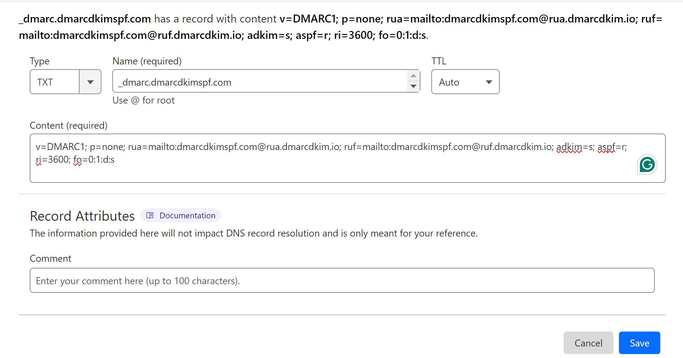 Add the DMARC Record to your DNS dashboard 