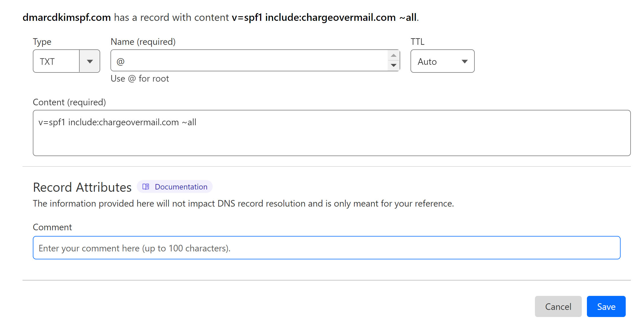 Add the SPF record to DNS dashboard