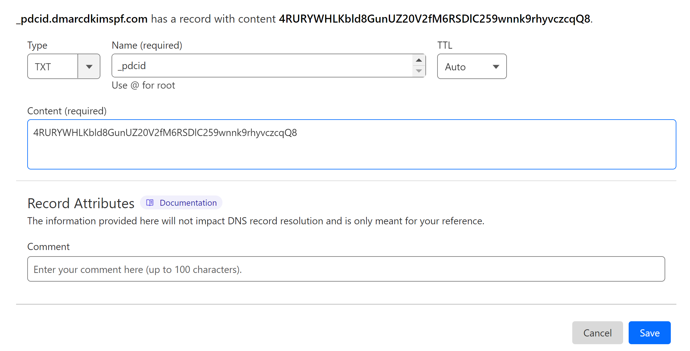 Add the TXT record to the DNS provider