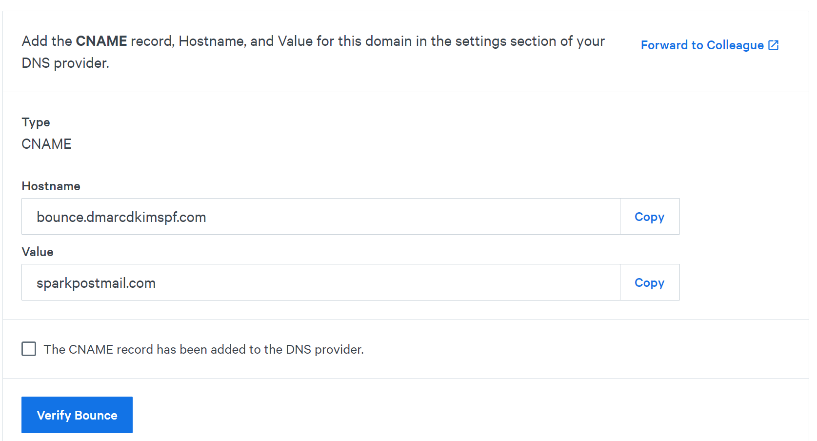 Add the CNAME Bounce Domain Record to the DNS provider 