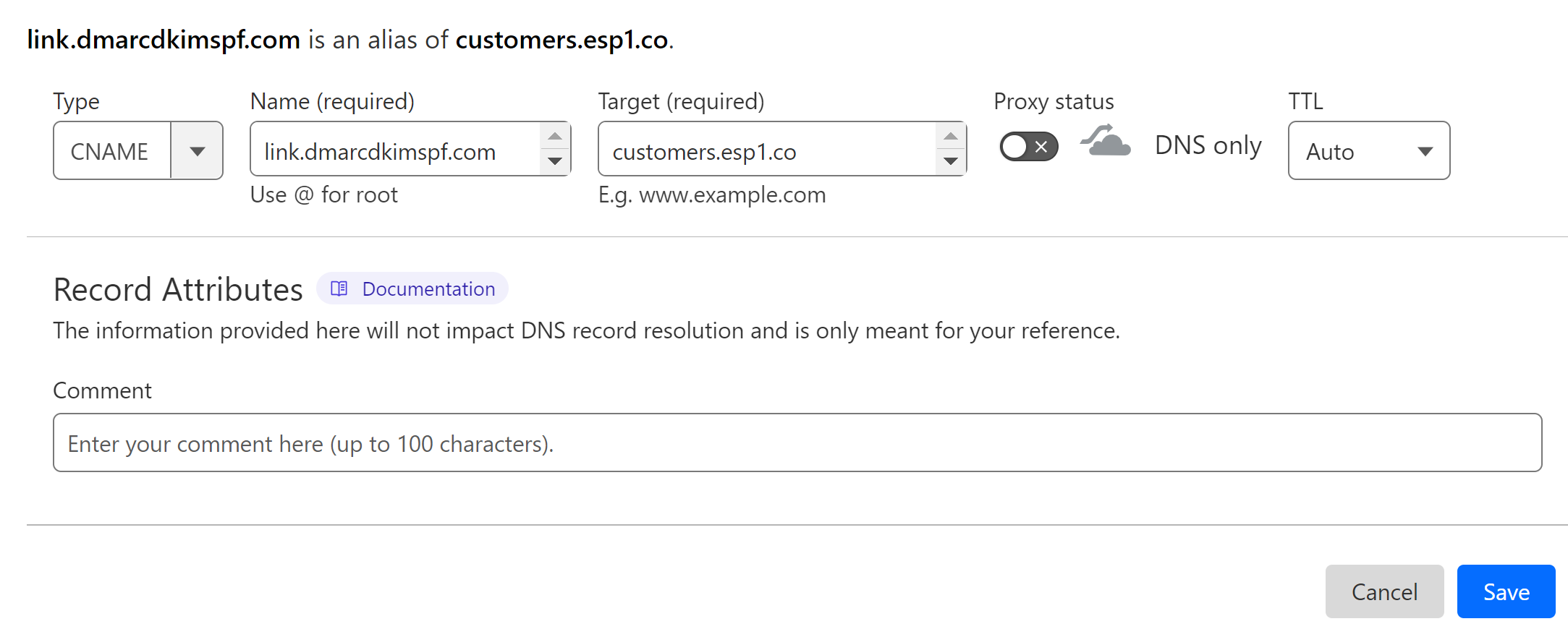 Add the Domain Alias Record to your DNS provider