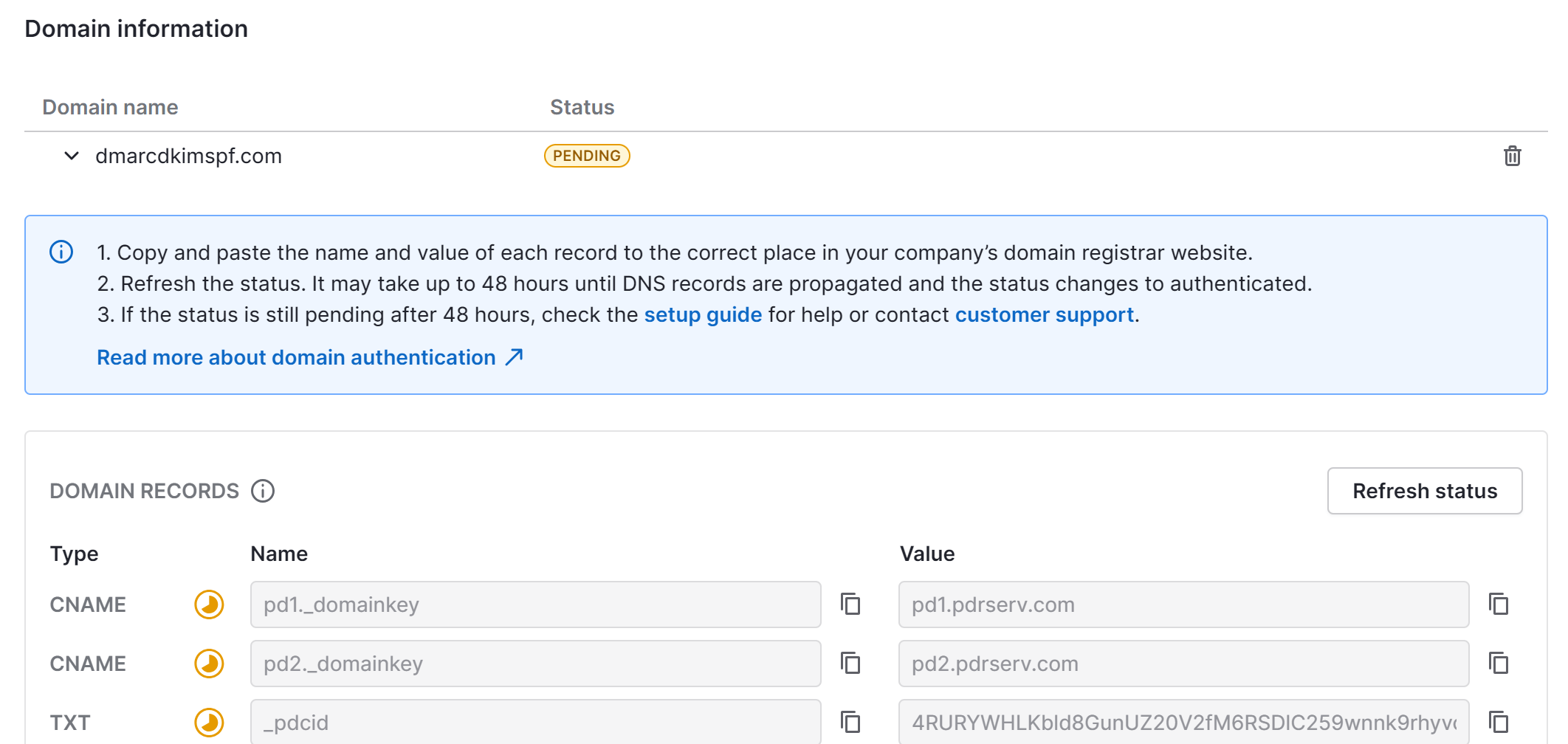 Pipedrive CNAM DKIM and TXT records 