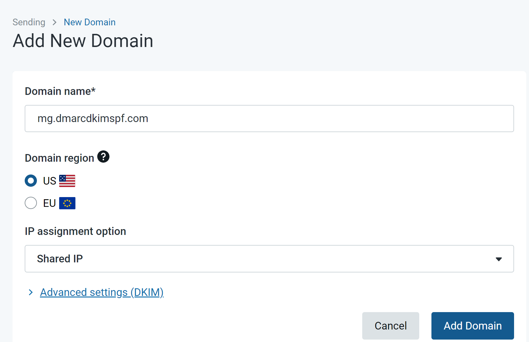 Enter your domain name and select region 