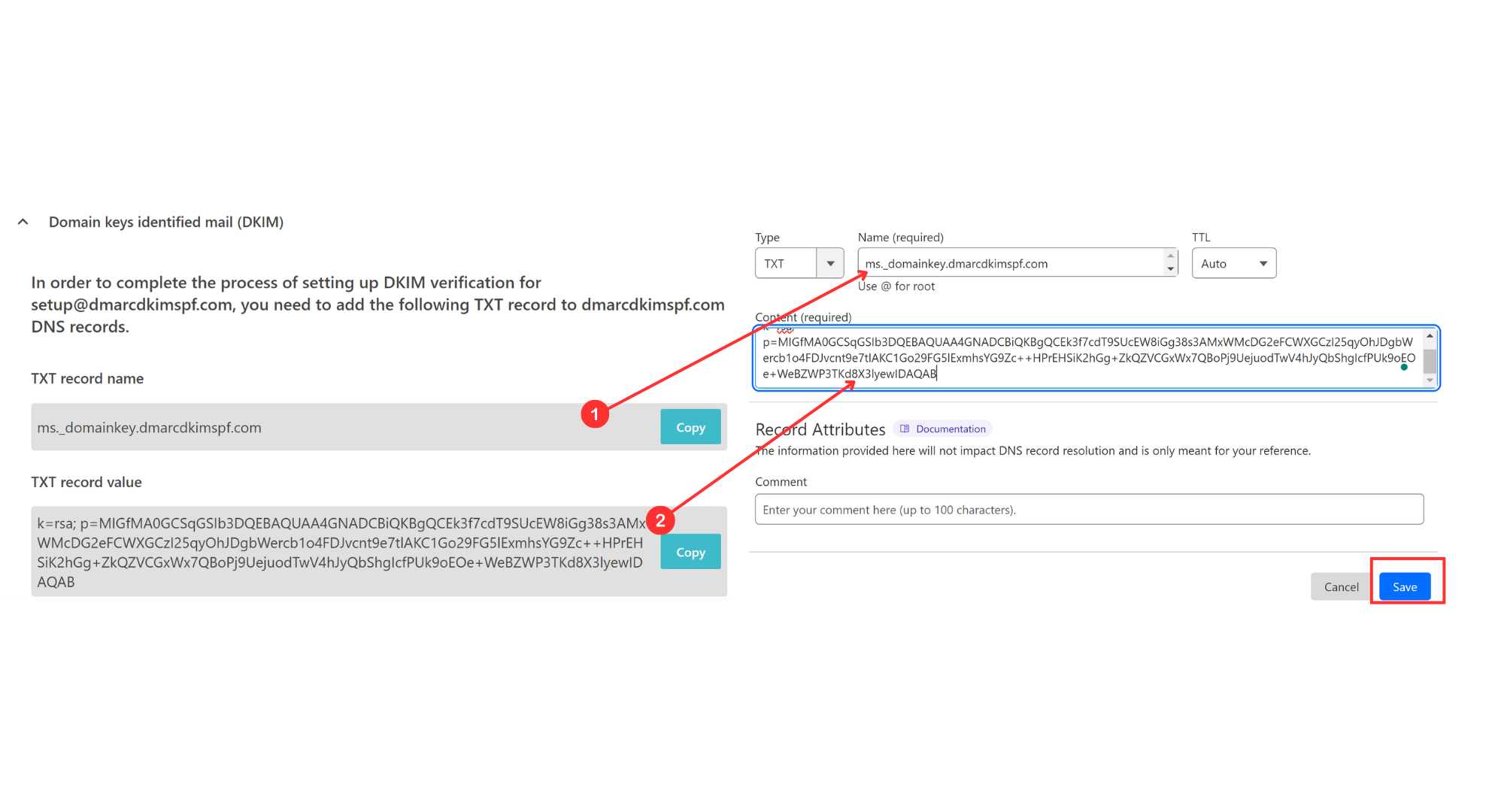 Copy TXT DKIM record and add to the DNS provider