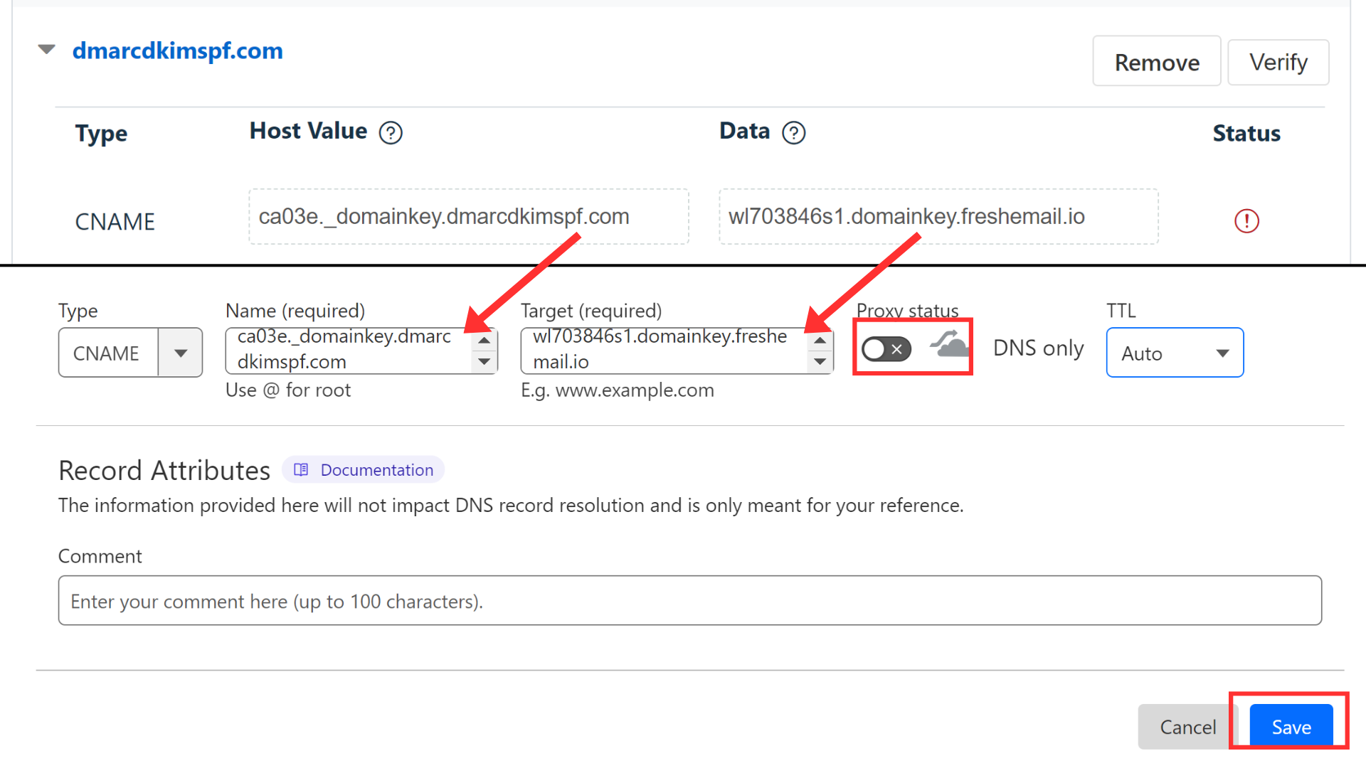 Add the record name and value to the DNS provider