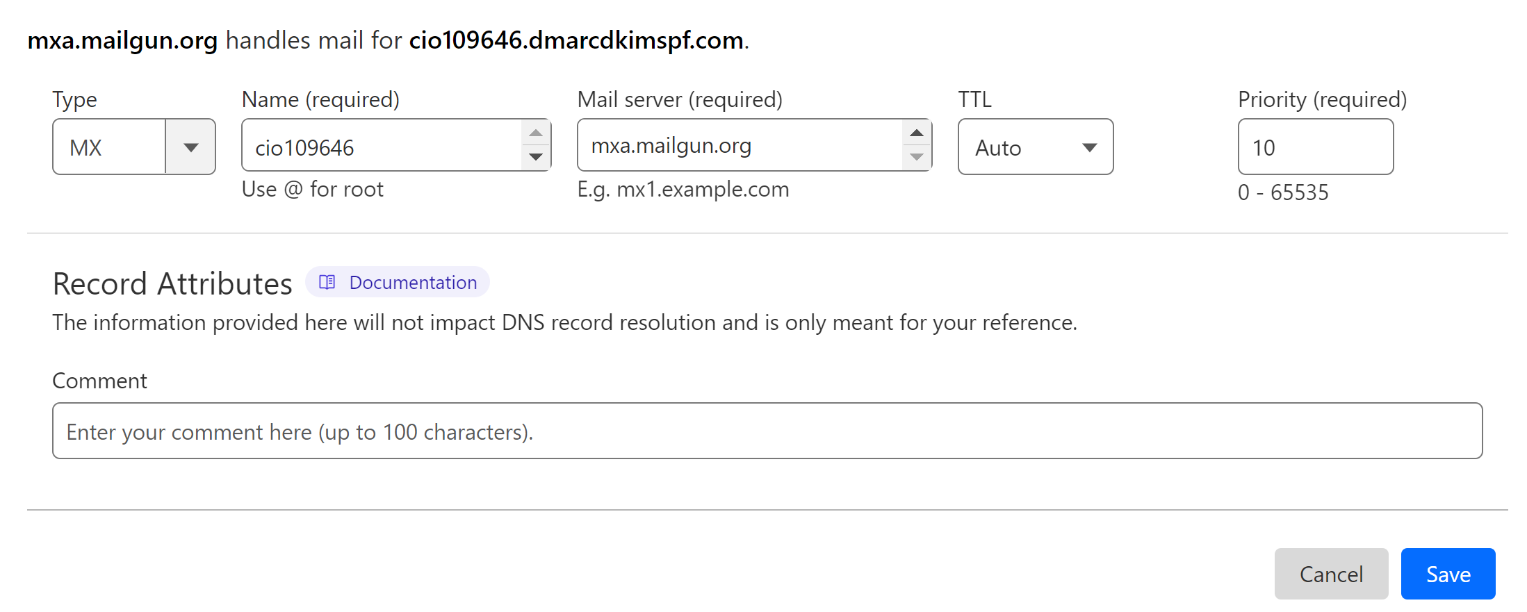 Add the MX record to the DNS provider