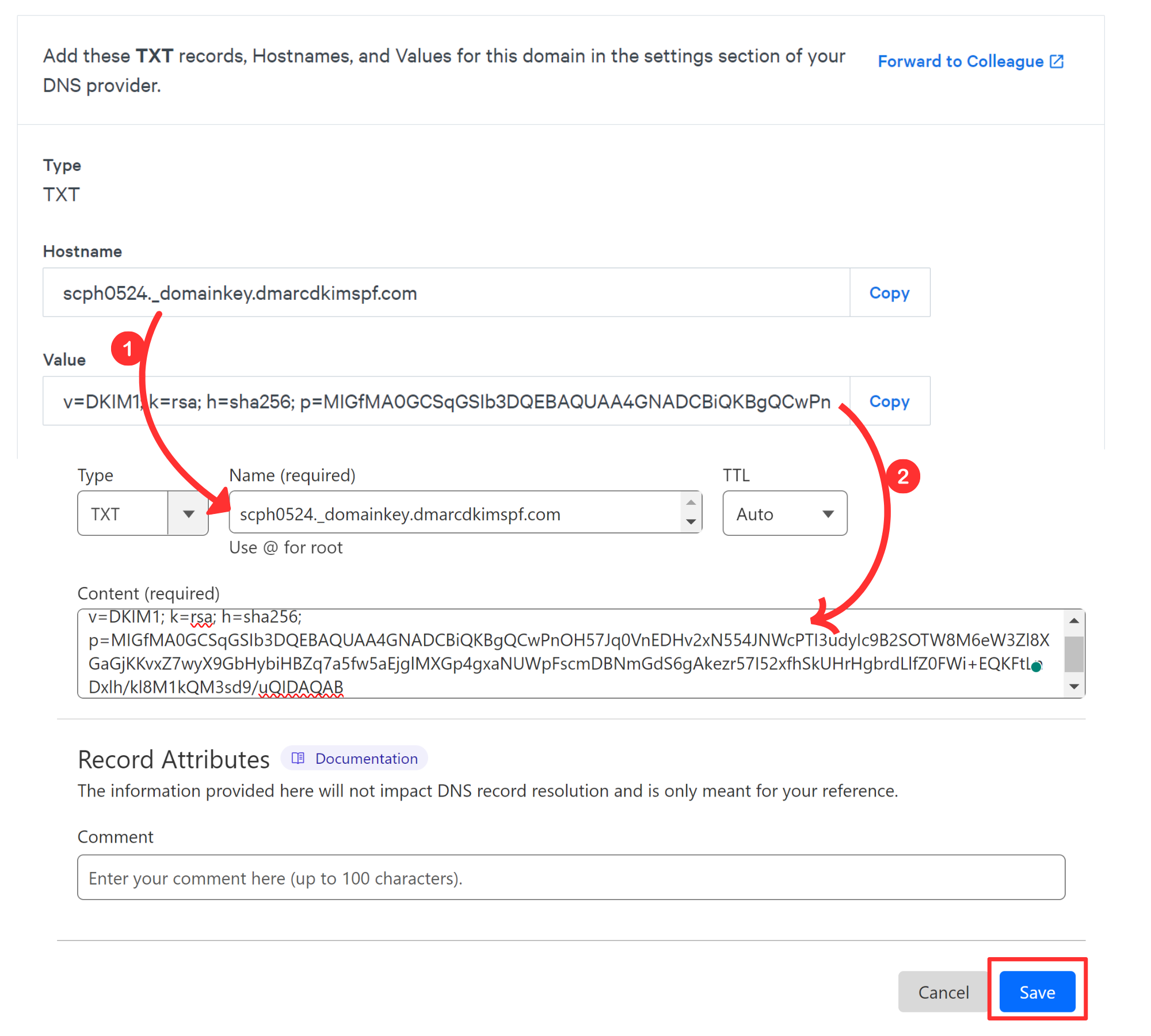 Add DKIM record to the DNS provider 