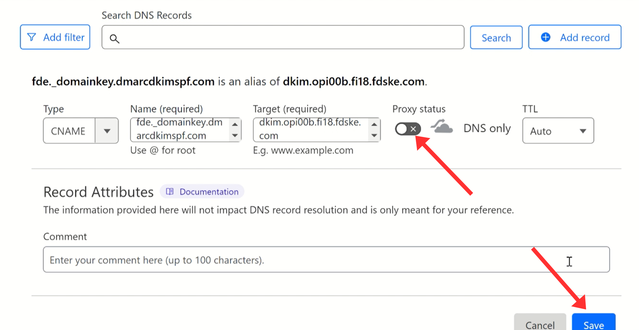 Add DKIM record name and value 