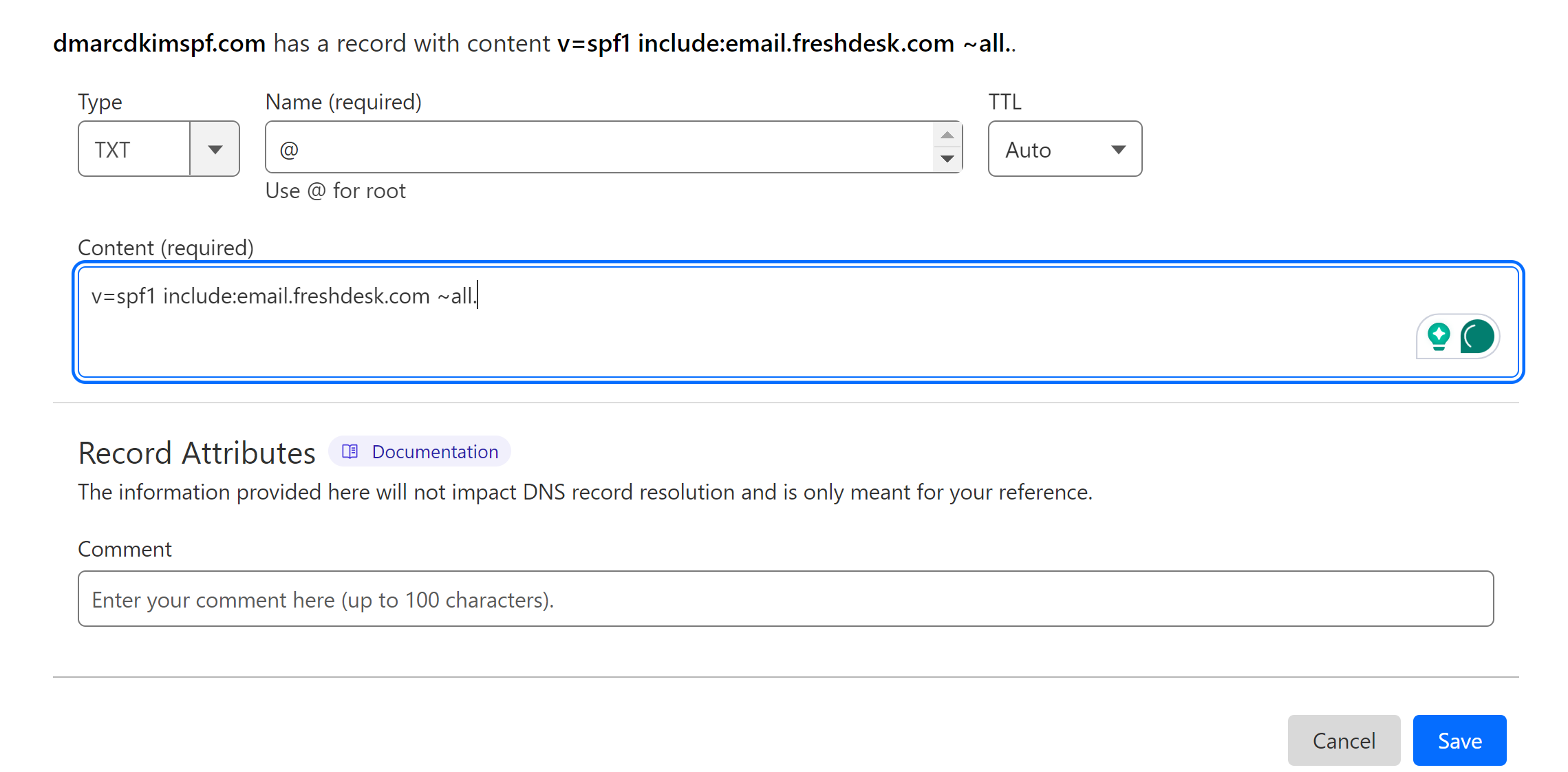 Add the TXT SPF value to the DNS provider