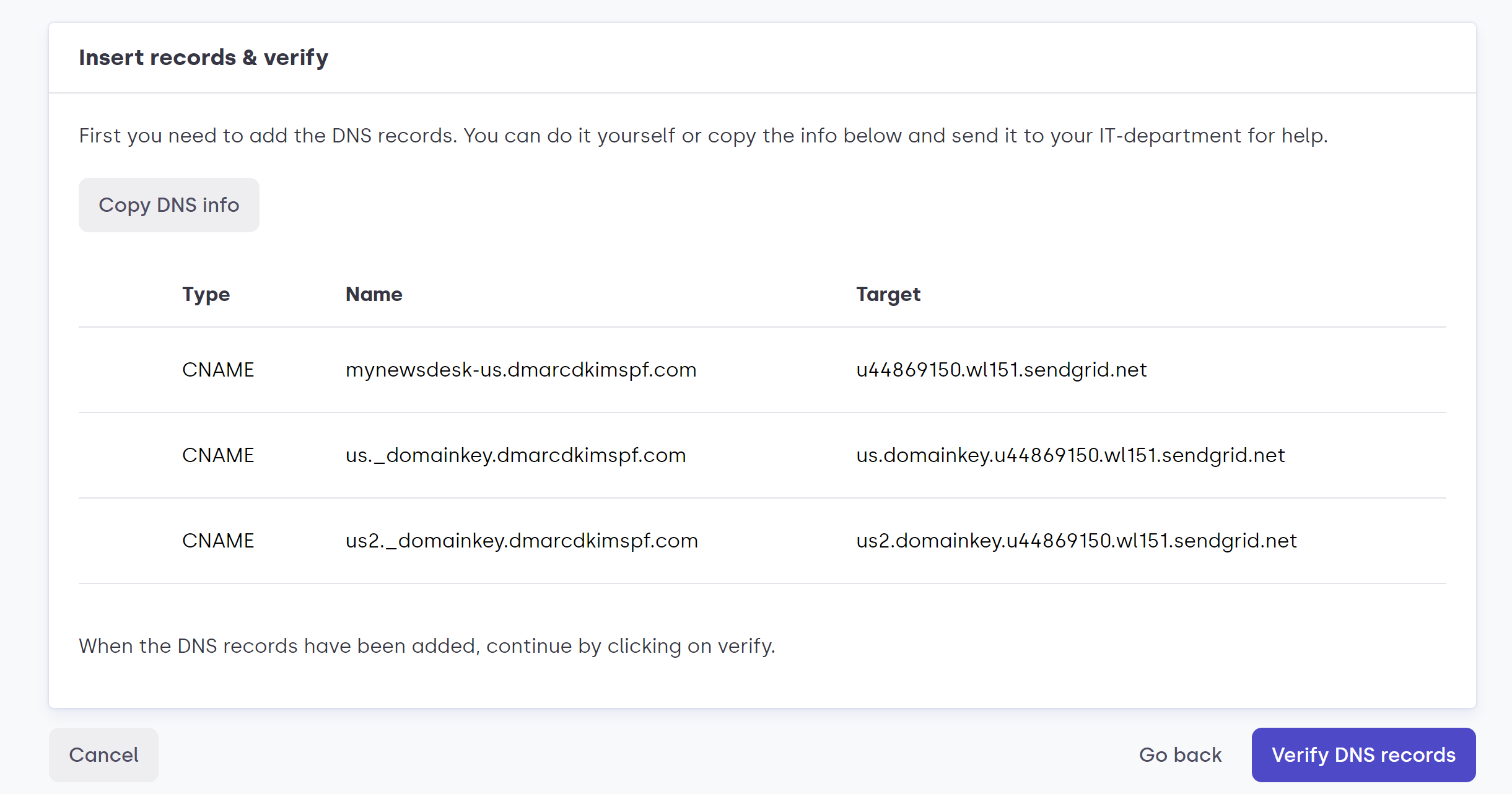 Add the DNS records to the DNS provider