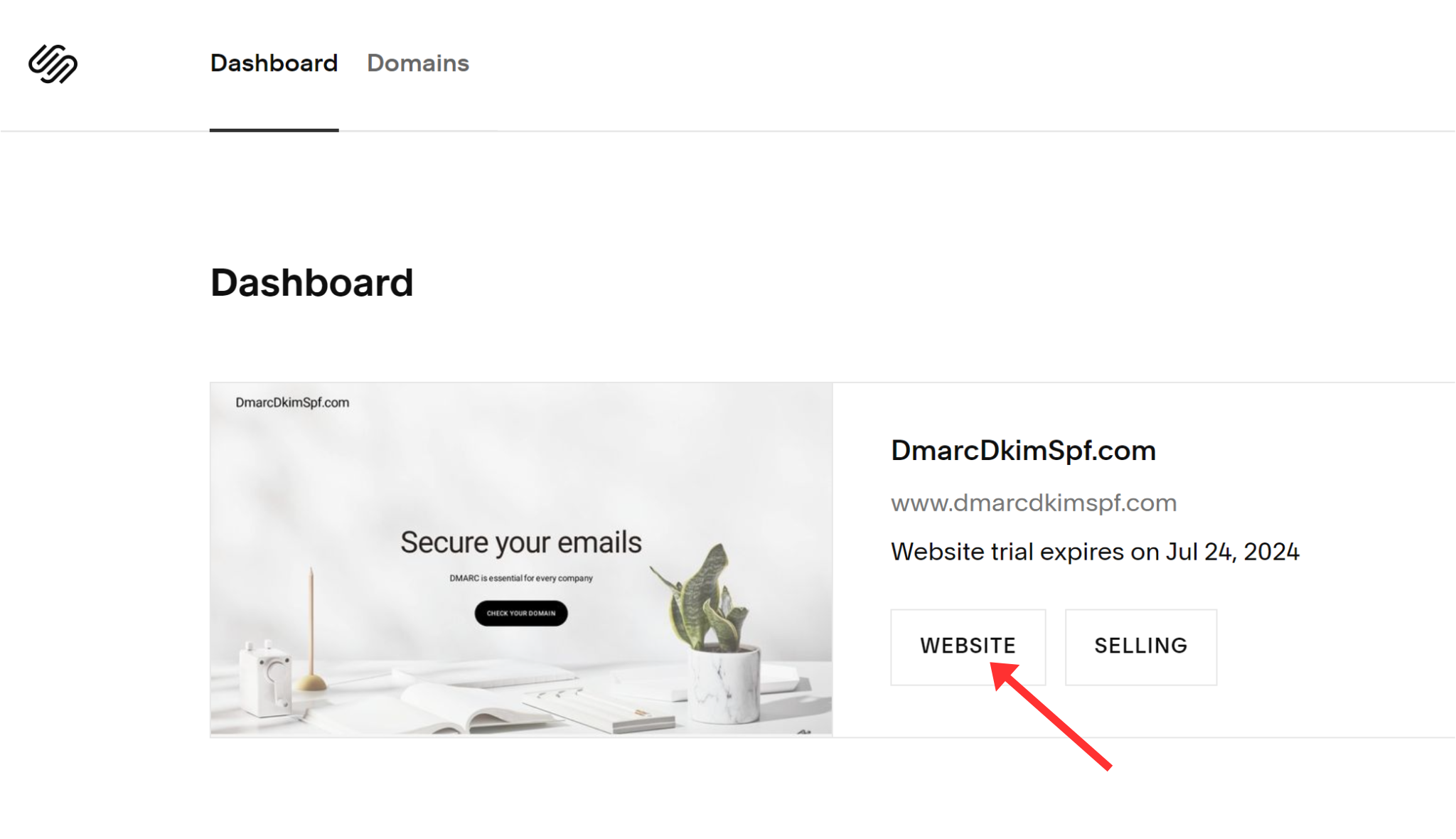 On the Squarespace dashboard, click the Website option.