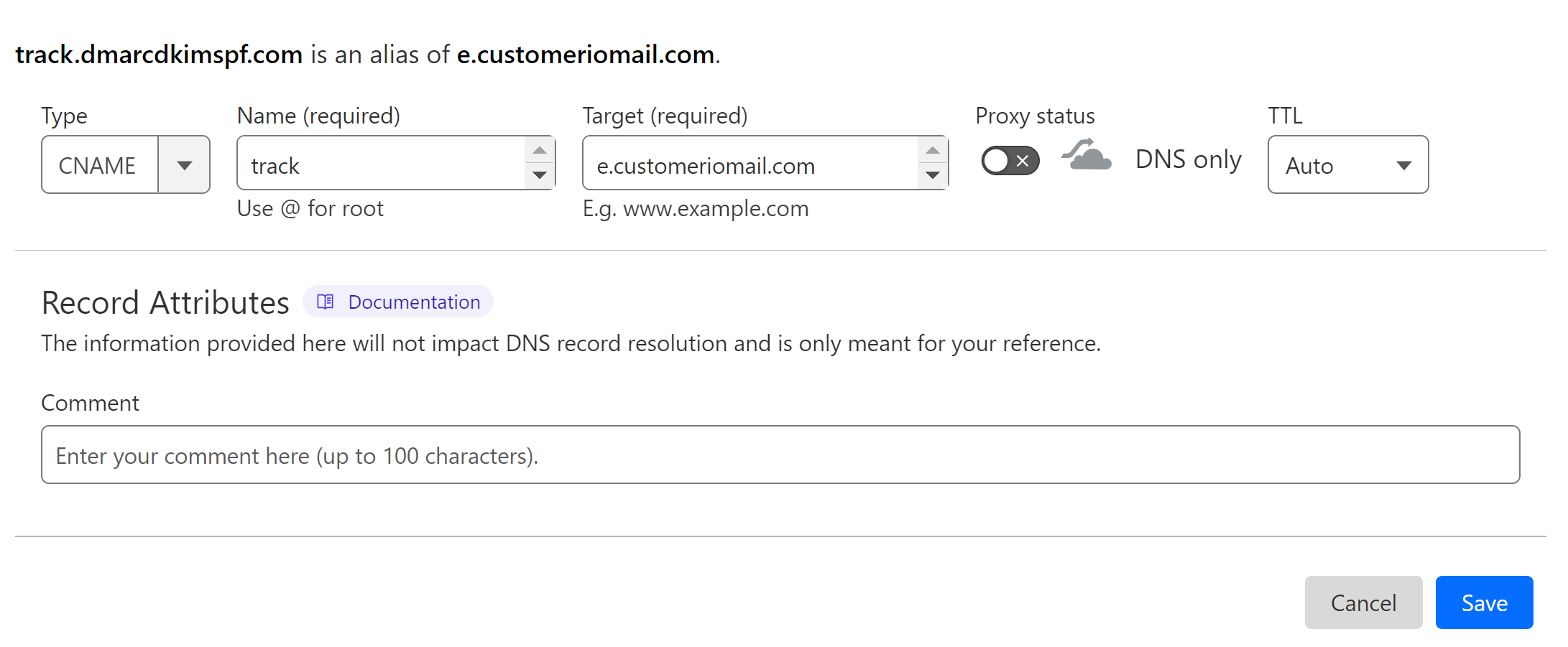 Add the tracking record to the DNS provider