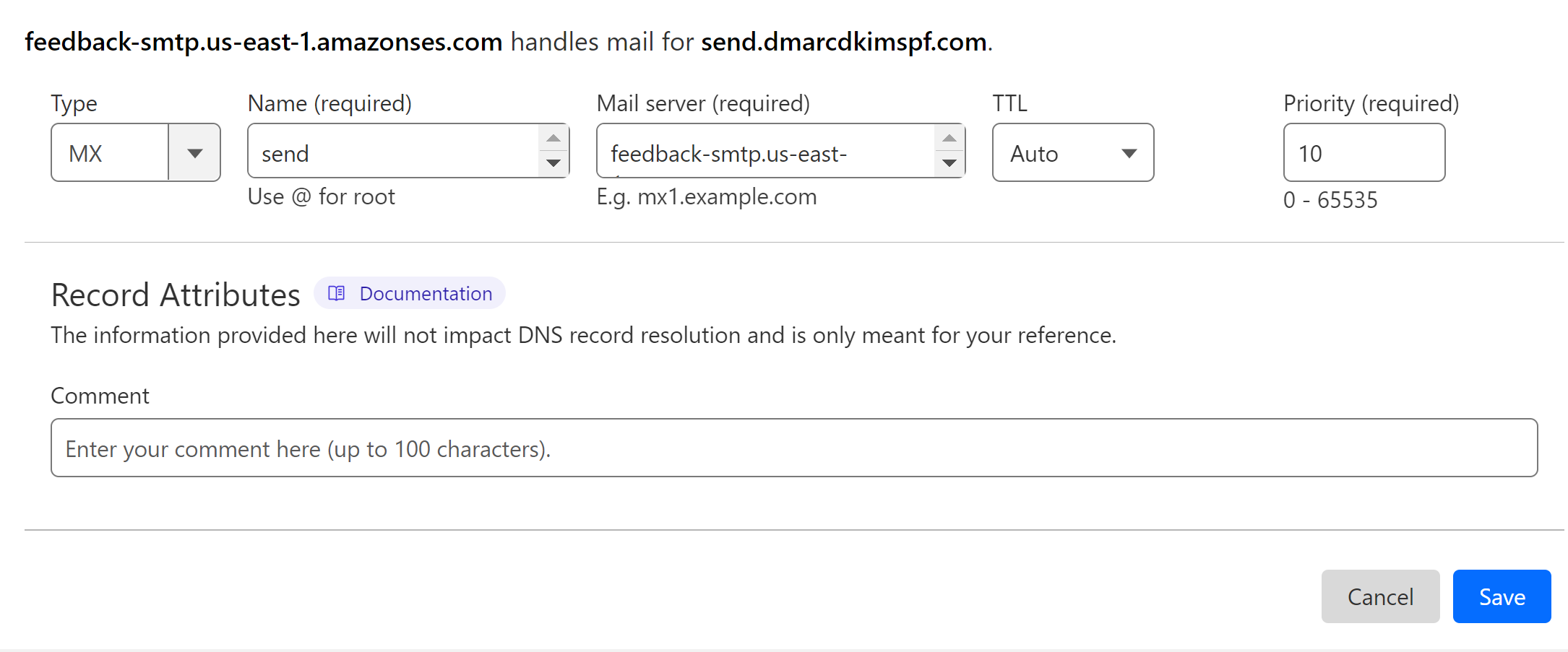 Add the MX/TXT record to the DNS dashboard