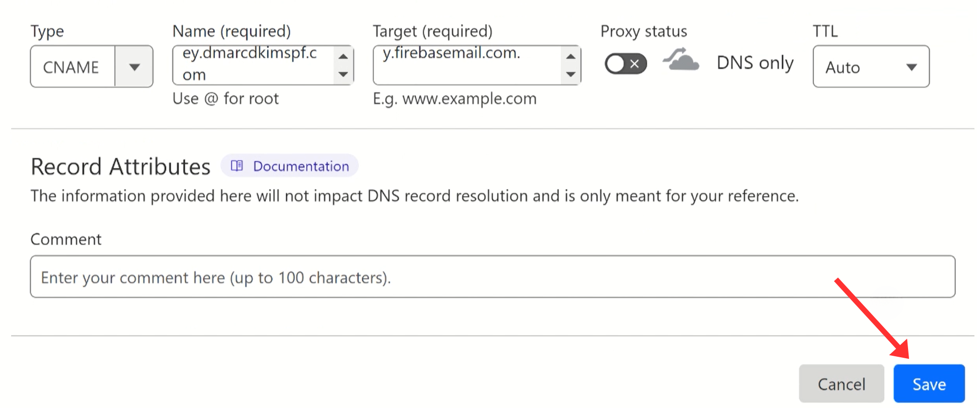 Add the record name and value in the dedicated fields, select type and click save