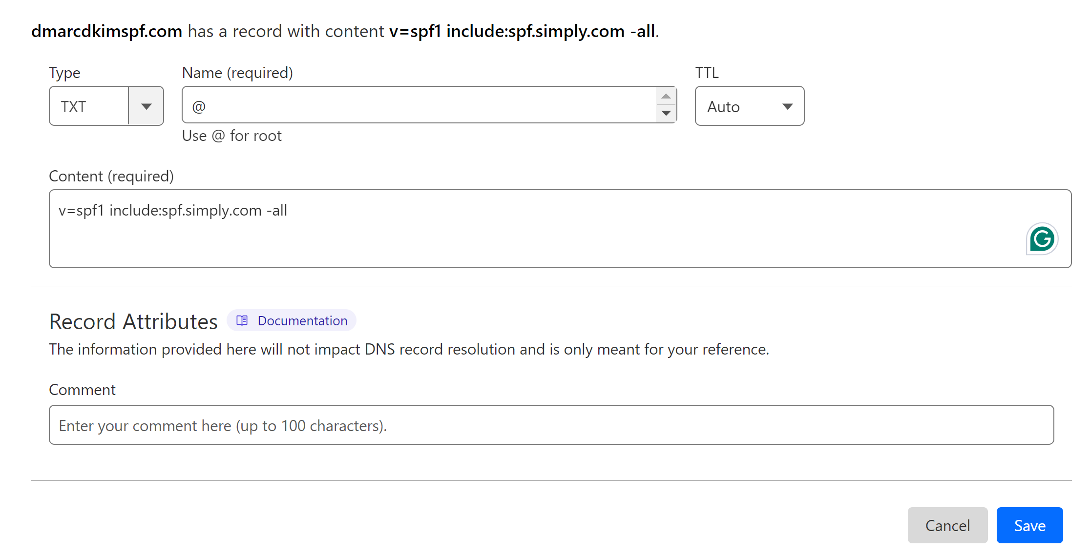 Add the SPF record name and value and add to the DNS provider 