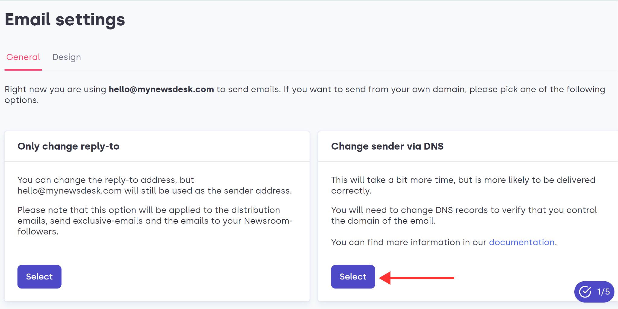 Click Select under Change Sender via DNS 