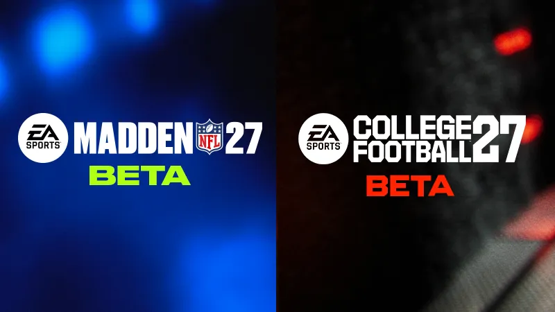 Madden NFL 27 Beta logo and EA Sports College Football 27 logos over blue and black textured backgrounds. 
