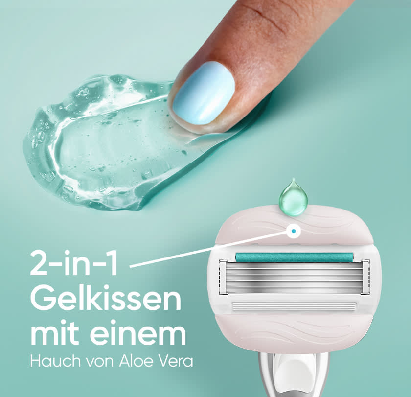 Diese Rasierklingen für Frauen enthalten 2-in-1 Gelkissen mit einem Hauch von Aloe Vera