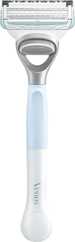 Gillette Venus Pubic Hair & Skin razor with a sleek handle design, featuring a multi-blade system for a smooth shaving experience.

